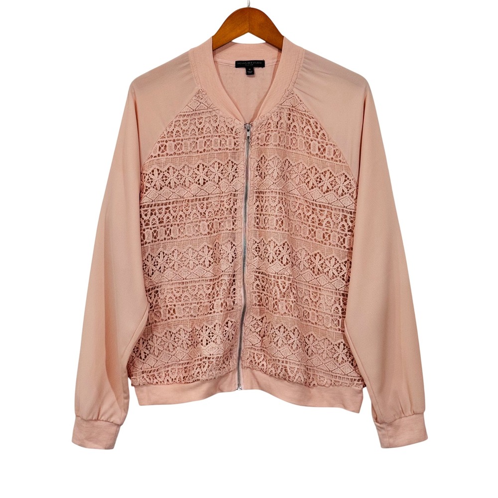 Signature Studio Bomber Jacket Women 1X Peach Lace Crochet Feminine FestivalBoho